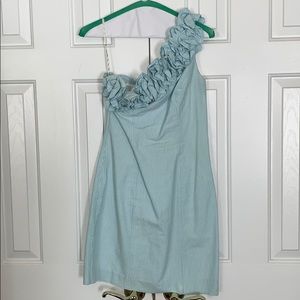 Vivienne One Shoulder Seersucker Blue Ruffle Dress